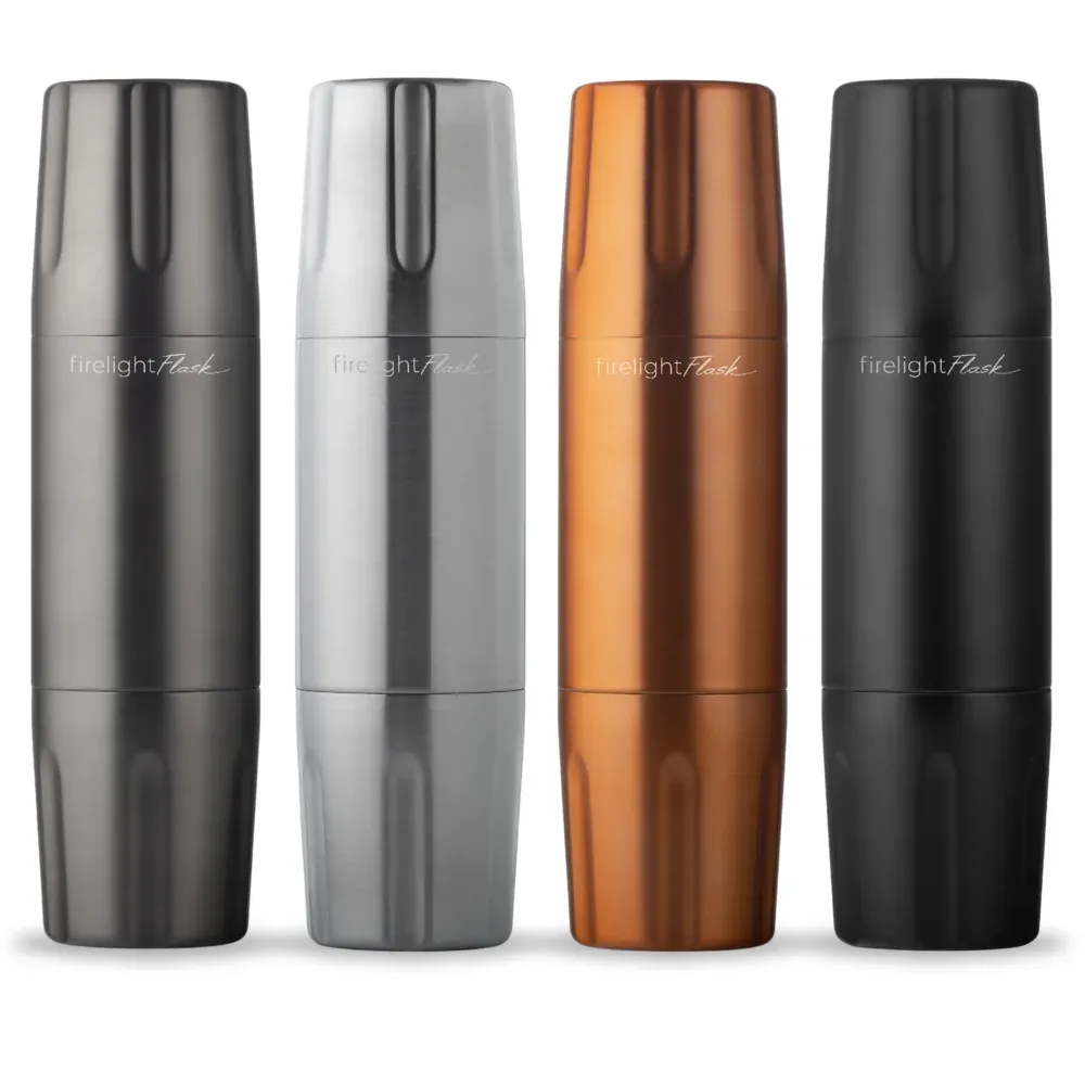 Four High Camp Firelight Flasks in gunmetal, silver, copper and onyx