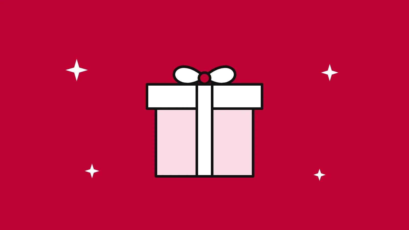 Illustration of a wrapped gift box with a white bow on a cherry red background with sparkles