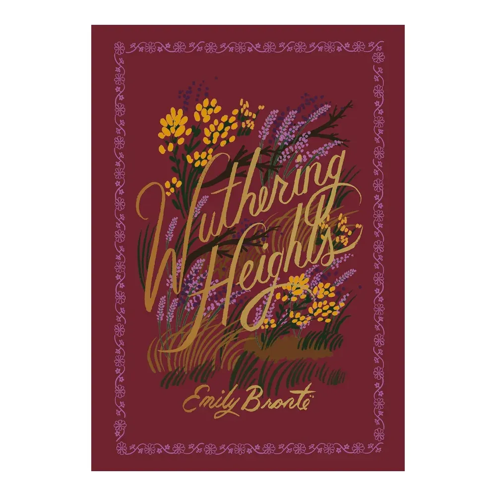 The Puffin in Bloom edition of Wuthering Heights, with a burgundy floral cover
